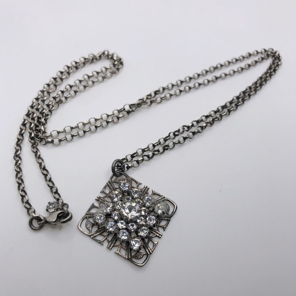VTG Sterling Silver Crystal Filigree Affixed Pendant Rolo Necklace 28” + 1.1” - Picture 2 of 7